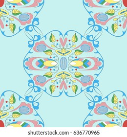 Abstract pattern of curls, leaves, ovals on a light green background