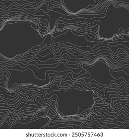 Abstract pattern of curved lines on a black background. The pattern of spreading water with islands. The concept of technology, science, sound propagation, landscape change, illusion and hallucination