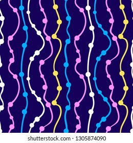 Abstract pattern. Curved stripes with circles on them. Bright colors: purple, yellow, blue. Author's seamless pattern for fabric, paper, boxes, gifts, packages.