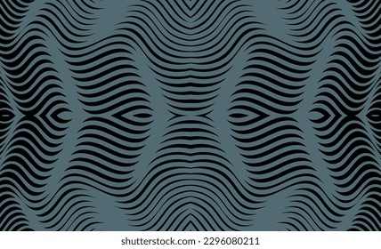 Patrón abstracto de líneas onduladas curvadas verde-azul de diferentes espesores sobre un fondo negro. Composición sin inconvenientes en forma de un adorno arbitrario de dos colores. Ilustración del vector, EPS 8.