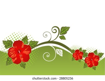 Abstract  pattern with curves and red flowers on a white background.