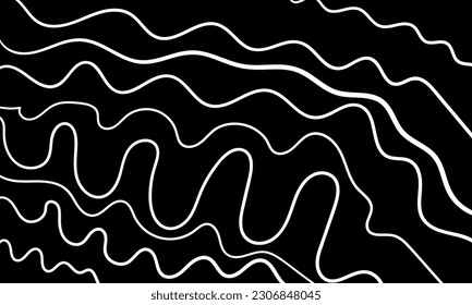 Abstract pattern of curves wavy white lines of different thicknesses on a black background. Composition in the form of an arbitrary two-color background. Vector illustration, EPS 10. Copy space.