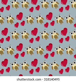 Abstract pattern with cute owls and trees, blue background