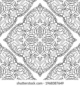 Abstract pattern with damask. Eastern filigree ornament. Black and white template for wallpaper, textile, shawl, carpet.