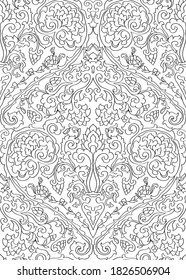Abstract pattern with damask. Floral filigree ornament. Black and white template for wallpaper, textile, shawl, carpet. 