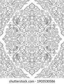Abstraktes Muster mit Damast. Blumenzierschmuck. Schwarz-Weiß-Vorlage für Tapeten, Textilien, Schal, Teppich.