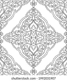 Abstract pattern with damask. Floral filigree ornament. Black and white template for wallpaper, textile, shawl, carpet.