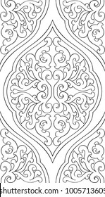 Abstract pattern with damask. Seamless filigree ornament. Black and white template for wallpaper, textile, shawl, carpet.