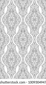 Abstract pattern with damask. Seamless filigree ornament. Black and white template for wallpaper, textile, shawl, carpet. 