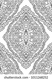 Abstract pattern with damask. Seamless filigree ornament. Black and white template for wallpaper, textile, shawl, carpet. 