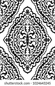 Abstract pattern with damask. Seamless filigree ornament. Black template for wallpaper, textile, shawl, carpet. 