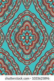 Abstract pattern with damask. Seamless filigree ornament. Turquoise template for wallpaper, textile, shawl, carpet. 