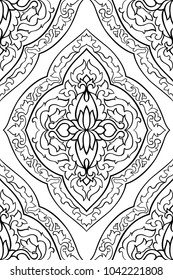 Abstract pattern with damask. Seamless filigree ornament. Black and white template for wallpaper, textile, shawl, carpet. 