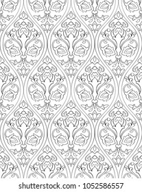 Abstract pattern with damask. Seamless filigree ornament. Black and white template for wallpaper, textile, shawl, carpet. 