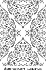 Abstract pattern with damask. Seamless filigree ornament. Black and white template for wallpaper, textile, shawl, carpet. 