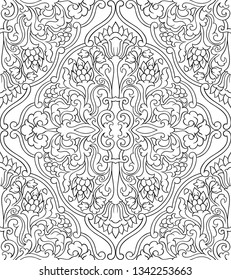 Abstract pattern with damask. Seamless filigree ornament. Black and white template for wallpaper, textile, shawl, carpet. 