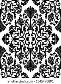 Abstract pattern with damask. Seamless filigree ornament. Black template for wallpaper, textile, shawl, carpet. 