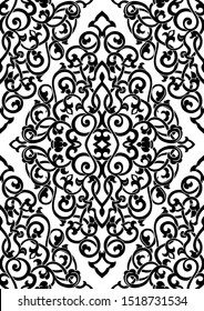 Abstract pattern with damask. Seamless filigree ornament. Black and white template for wallpaper, textile, shawl, carpet. 