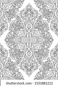 Abstract pattern with damask. Seamless filigree ornament. Black and white template for wallpaper, textile, shawl, carpet. 