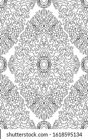 Abstract pattern with damask. Seamless floral filigree ornament. Black and white template for wallpaper, textile, shawl, carpet. 