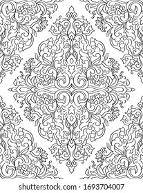 Patrón abstracto con damasco. Figurillo floral sin inconvenientes. Plantilla en blanco y negro para papel pintado, textil, chapa, alfombra. 