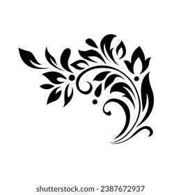 Abstract pattern, decorative element, clip art with stylized leaves, flowers and curls in black lines on white background. Corner ornament