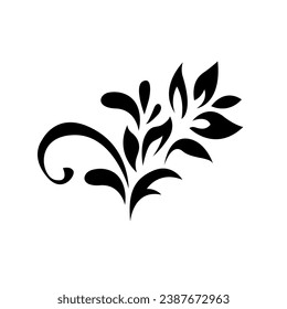 Abstract pattern, decorative element, clip art with stylized leaves, flowers and curls in black lines on white background. Vintage ornate