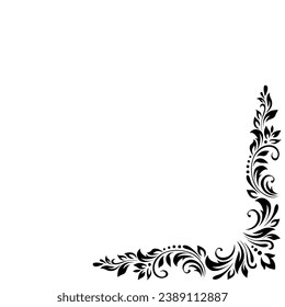 Abstract pattern, decorative element, clip art with stylized leaves, flowers and curls in black lines on white background. Corner vintage ornament, border, frame
