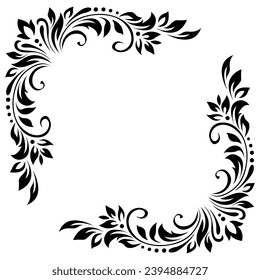 Abstract pattern, decorative element, clip art with stylized leaves, flowers and curls in black lines on white background. Corner vintage ornament, border, frame