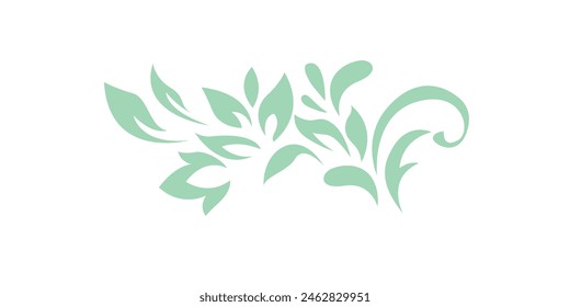 Abstract pattern, decorative element, clip art with stylized leaves, flowers and curls in light green lines on white background. Vintage ornate