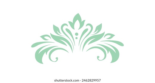 Abstract pattern, decorative element, clip art with stylized leaves, flowers and curls in light green lines on white background. Central top ornament