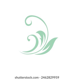 Abstract pattern, decorative element, clip art with stylized leaves, flowers and curls in light green lines on white background. Vintage ornate