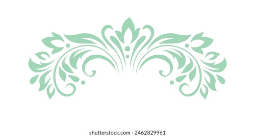 Abstract pattern, decorative element, clip art with stylized leaves, flowers and curls in light green lines on white background. Central top ornament