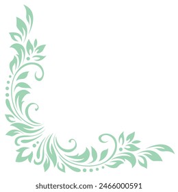 Abstract pattern, decorative element, clip art with stylized leaves, flowers and curls in light green lines on white background. Corner vintage ornament, border, frame