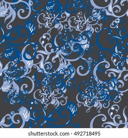 abstract pattern with decorative twigs, leaves, swirls on a gray background