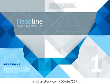 Abstract pattern for design of blue triangles and gray textures with space for text and title. Horizontal template for covers, banners, leaflets. Vector illustration of a modern flat style.