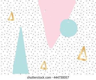 Abstract pattern. Design composition with geometric and hand drawn elements. Hipster trendy style pattern. Modern cover, background, card design. White, pastel pink, mint and gold colors.