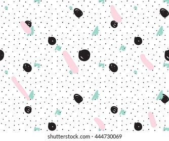 Abstract pattern. Design composition with geometric and hand drawn elements. Hipster trendy style. Modern cover, background, card design. Black, white, pastel pink, mint and gold colors.