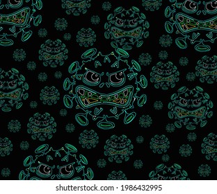 Abstract pattern design coronavirus or Covid-19 symbol icon on black background art cartoon handwriting 