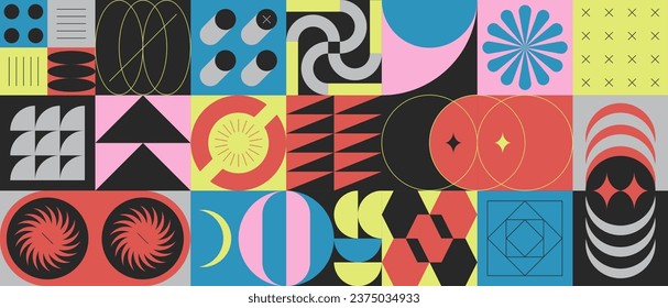Abstract pattern design with geometric brutalism shapes or brutal contemporary figures. Retro simple vector elements. Bauhaus geometry artwork, minimal brutalist style with basic futuristic forms.