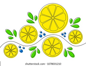Abstract pattern design with lemons on white background. Can be used as background, on packaging paper or textile. Lline art with offset fill. Editable vector graphics illustration. 
