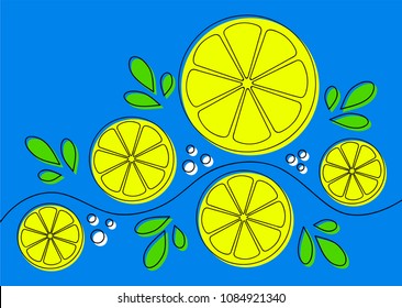Abstract pattern design with lemons on blue background. Can be used as background, on packaging paper or textile. Lline art with offset fill. Editable vector graphics illustration. 