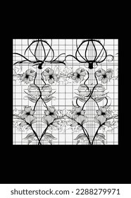 abstract pattern design and the natural shape of a vine flower and the dominant color is black and white