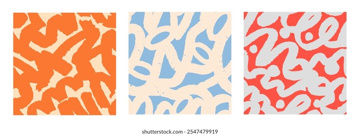Abstract pattern design set. Brushstroke doodles, seamless texture, endless background. Repeating print, modern drawing for fabric, textile, wallpaper, wrapping. Hand-drawn flat vector illustration