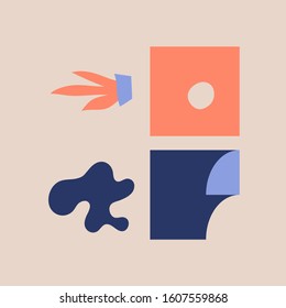 Abstract pattern design with simple shapes and hand-drawn plants. Graphic design perfect for kids theme, web solution, presentation, branding package, advertisement ideas, fabric print.