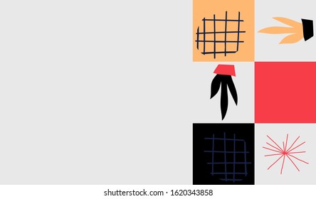 Abstract pattern design with simple shapes and hand-drawn plants. Graphic design perfect for kids theme, web solution, presentation, branding package, advertisement ideas, fabric print.