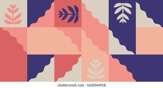 Abstract pattern design with simple shapes and hand-drawn plants. Graphic design perfect for kids theme, web solution, presentation, branding package, advertisement ideas, fabric print.