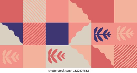 Abstract pattern design with simple shapes and hand-drawn plants. Graphic design perfect for kids theme, web solution, presentation, branding package, advertisement ideas, fabric print.