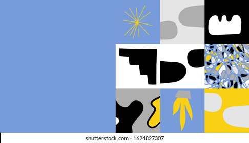 Abstract pattern design with simple shapes and hand-drawn plants. Graphic design perfect for kids theme, web solution, presentation, branding package, advertisement ideas, fabric print.