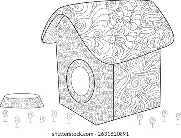 Abstract Pattern Dog House Coloring Page, Line art illustration of a decorative dog house with abstract patterns, paw prints, and a food bowl, perfect for coloring books, relaxation, or crafting